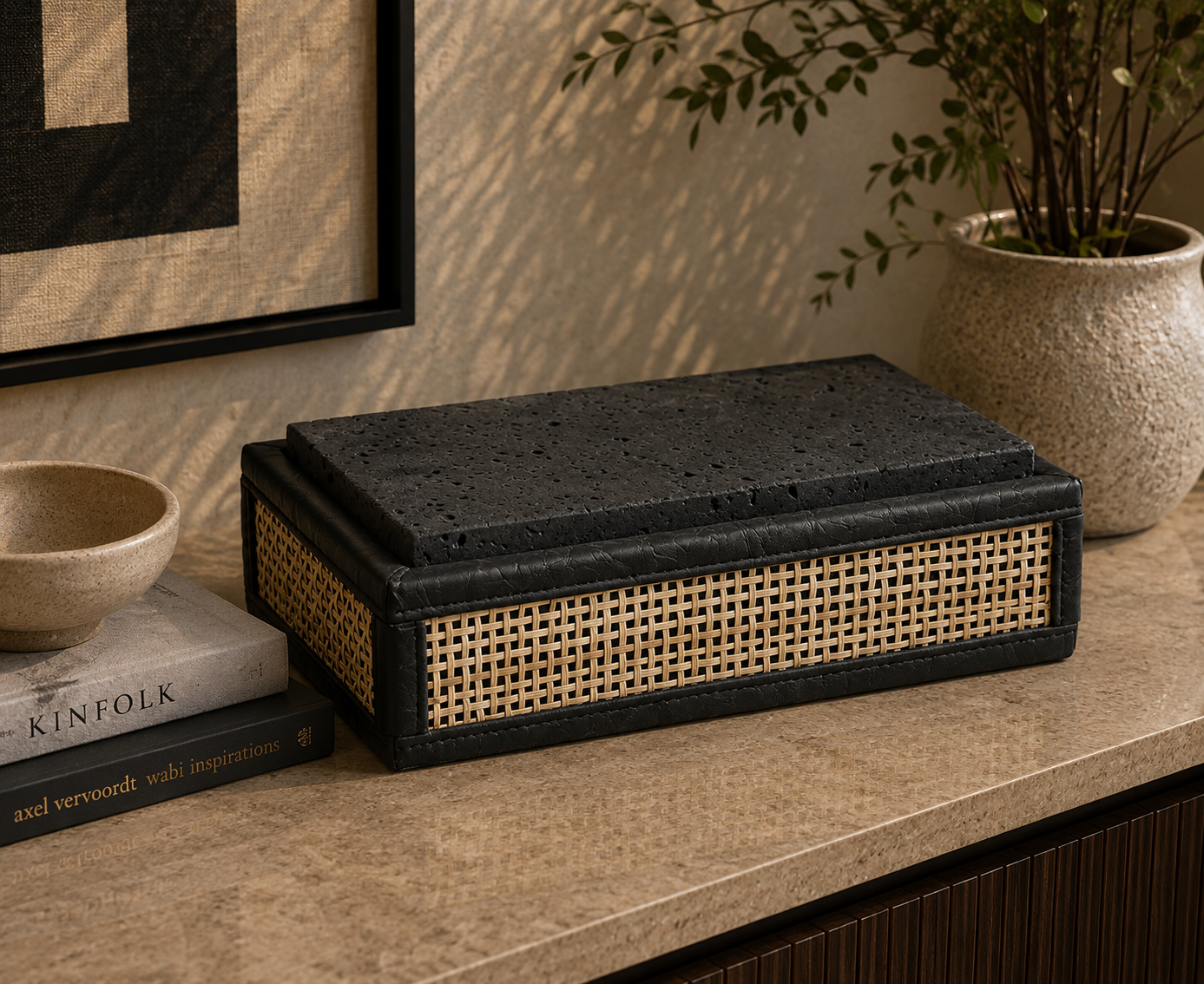 Rattan Storage Box with Stone Lid A