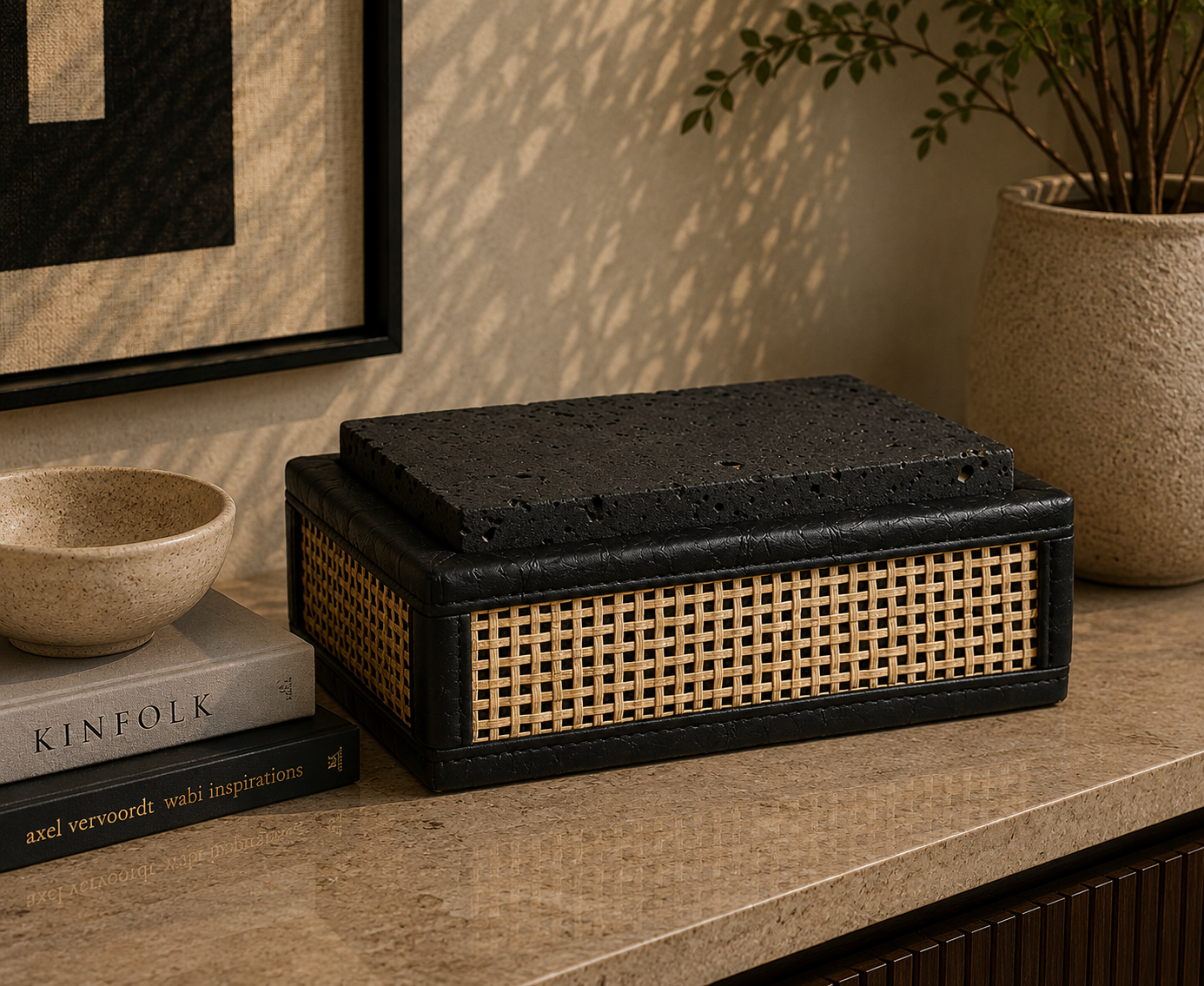 Rattan Storage Box with Stone Lid B
